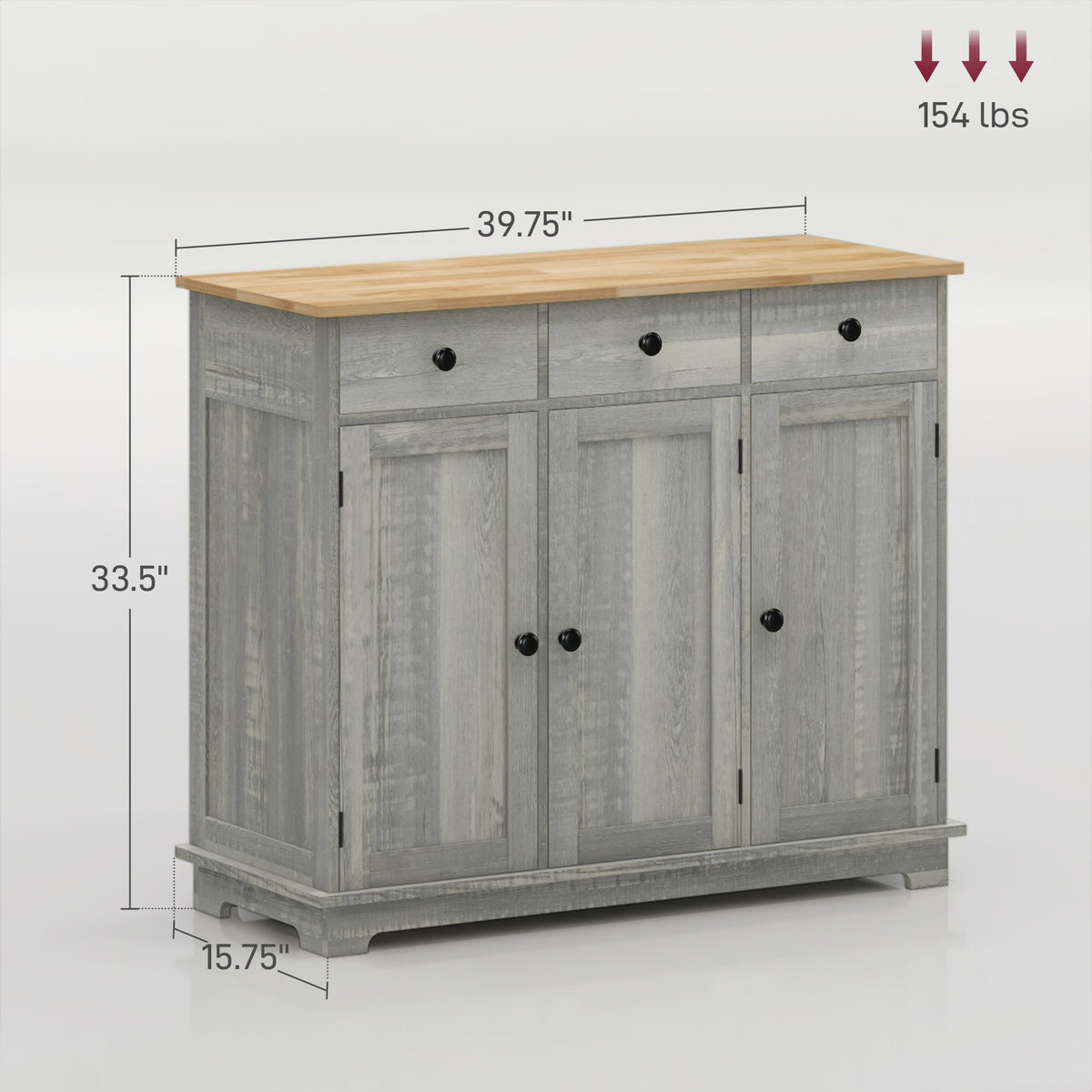 Distressed light gray sideboard with solid wood countertop by Anthony & Home, showcasing storage drawers and cabinet doors.