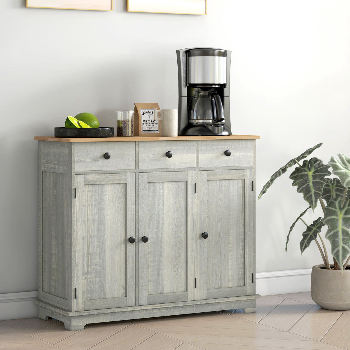 Distressed light gray sideboard with solid wood countertop by Anthony & Home, featuring sleek storage drawers and cabinet doors.