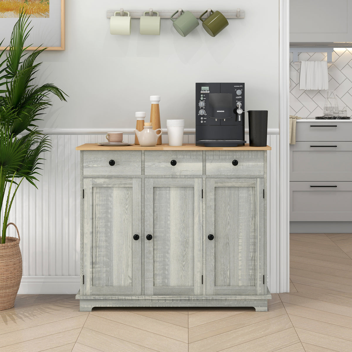 Distressed light gray sideboard with solid wood countertop by Anthony & Home, showing its sleek design and textured finish.