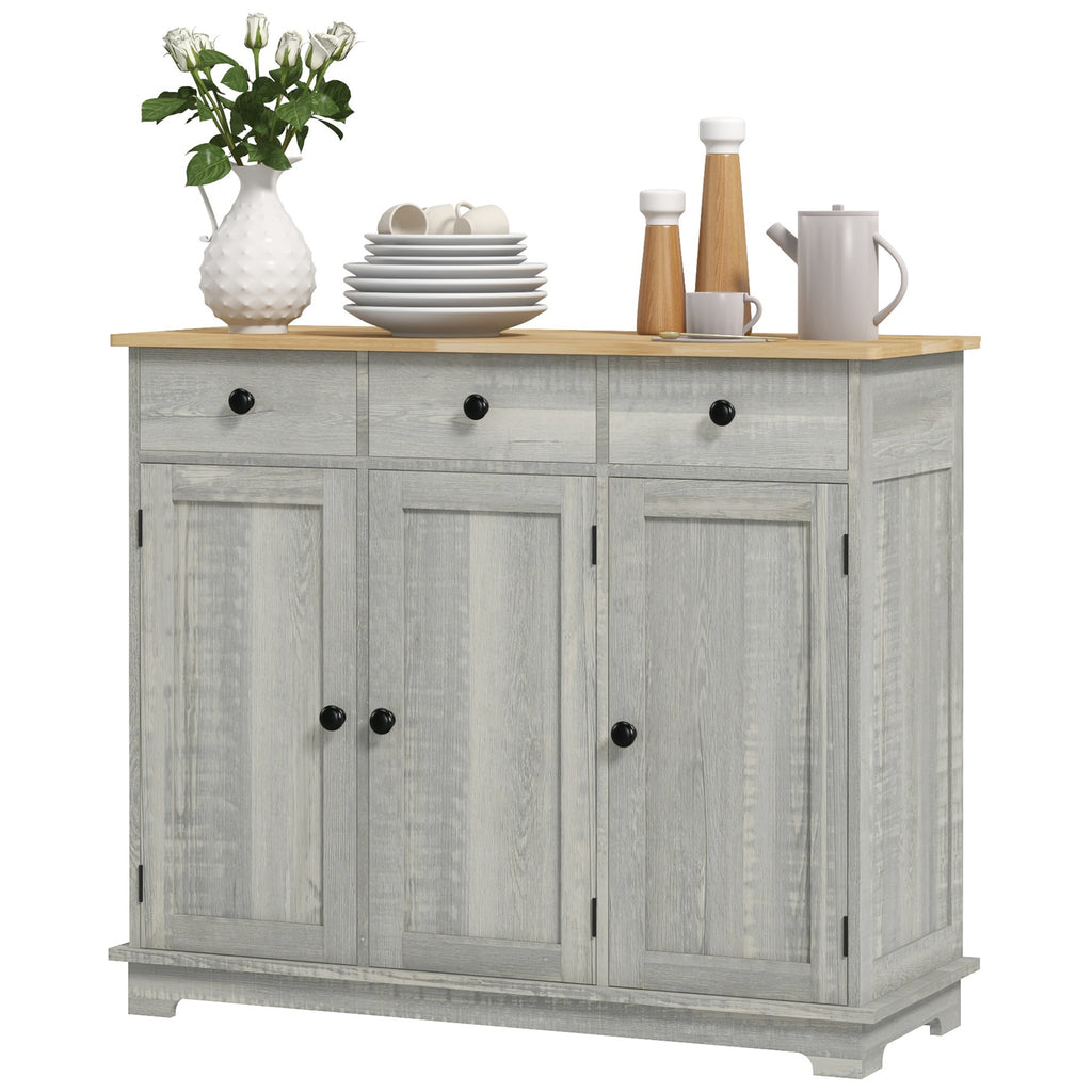 Distressed light gray sideboard with solid wood countertop and sleek metal handles, stylish storage furniture by Anthony & Home