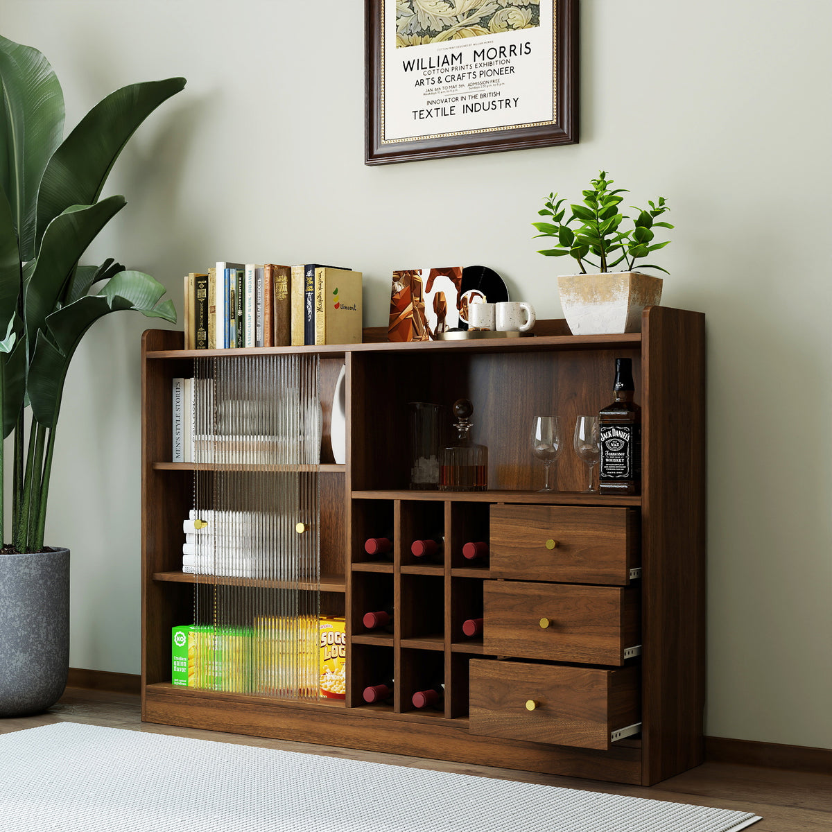 Anthony & Home sideboard with striped glass sliding doors, showcasing a modern wooden furniture piece with sleek design.