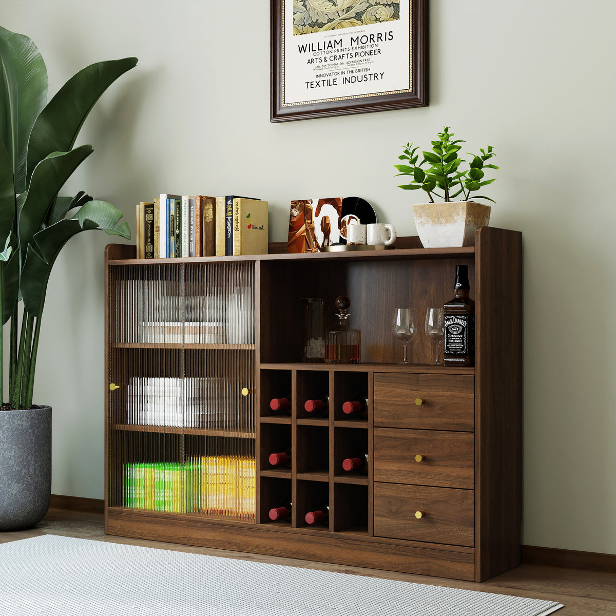 Anthony & Home sideboard with striped glass sliding doors, showcasing a modern wooden storage unit with sleek glass accents.