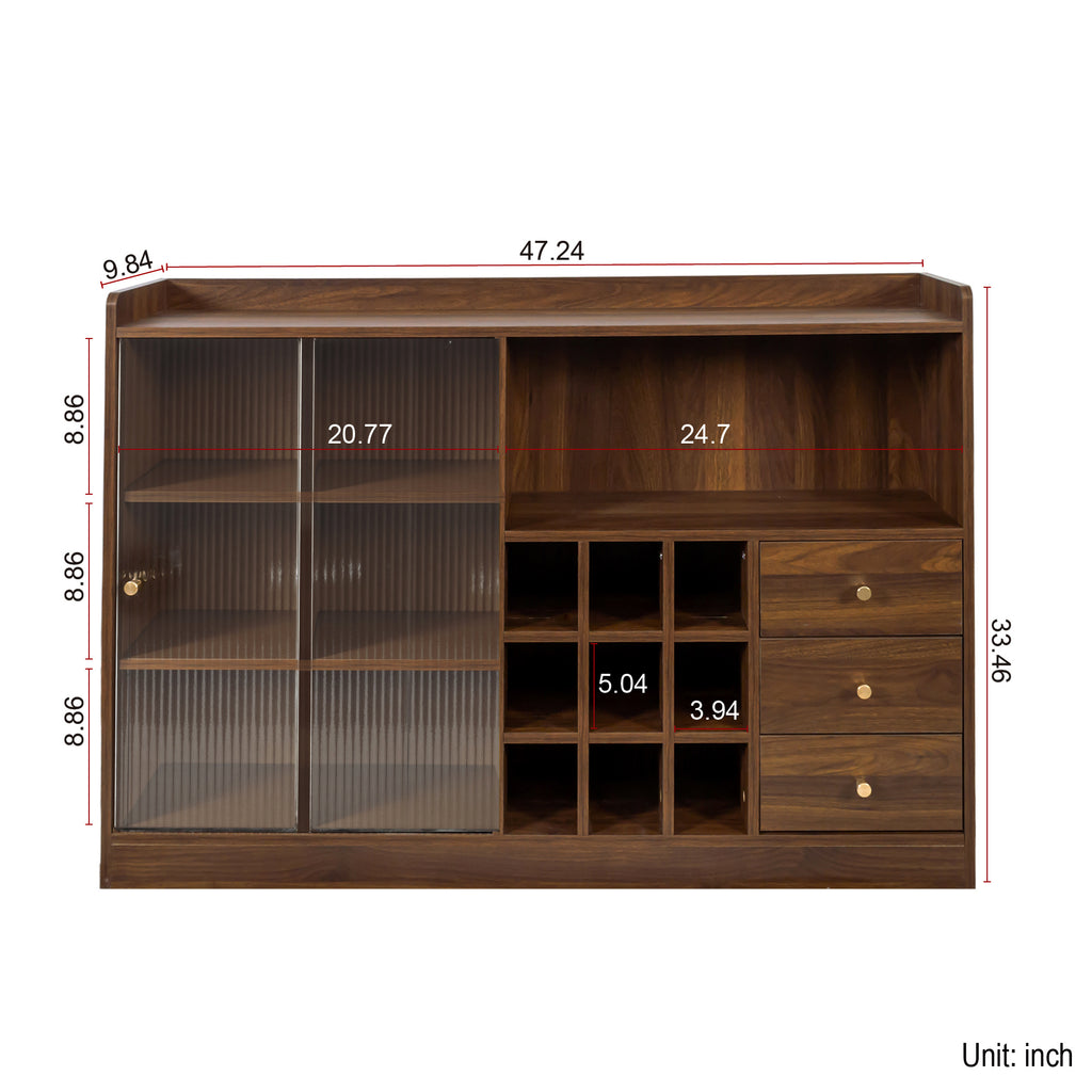 Anthony & Home sideboard with striped glass sliding doors, showcasing modern storage with sleek design and contrasting panel details.