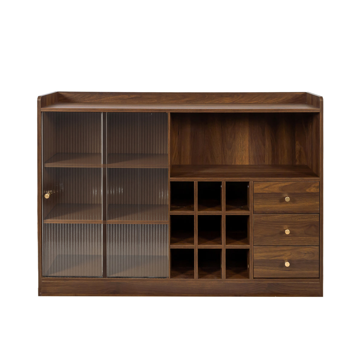 Anthony & Home sideboard with striped glass sliding doors, featuring a modern wooden design and sleek storage compartments.
