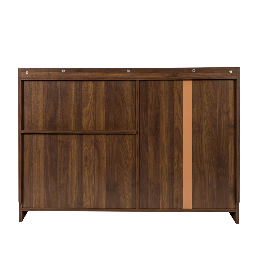 Anthony & Home sideboard with striped glass sliding doors, showcasing a modern storage piece with sleek design and contrasting panels.