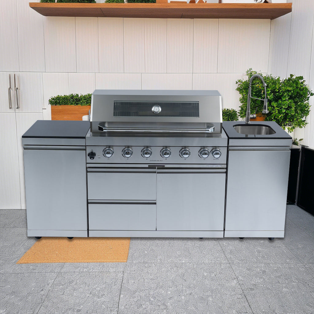 Anthony & Home signature 43-inch gas outdoor kitchen island with polished granite surface and built-in grill.