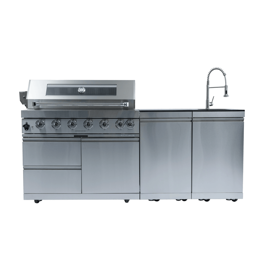 Anthony & Home Signature 43-inch gas outdoor kitchen island with granite countertop and built-in grill for outdoor cooking.