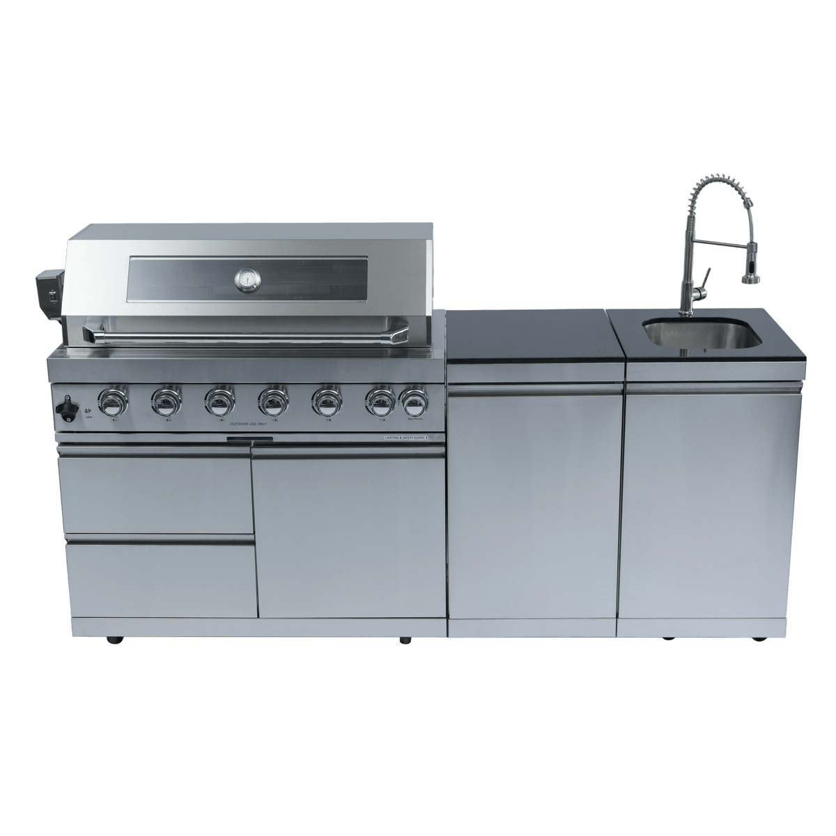 Anthony & Home 43-inch gas outdoor kitchen island with polished granite countertop and built-in grill for al fresco cooking.