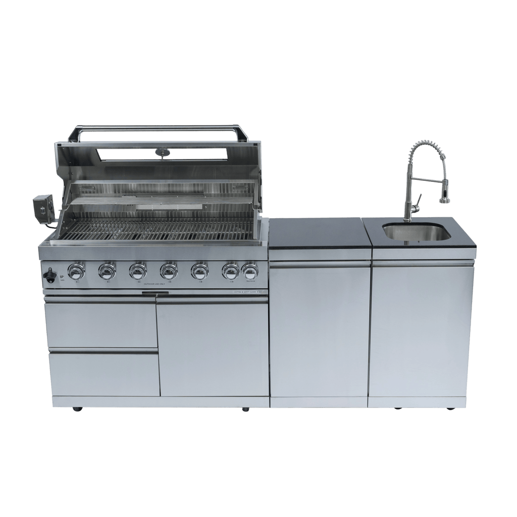 Anthony & Home Signature 43-inch gas outdoor kitchen island with polished granite countertop and built-in grill.