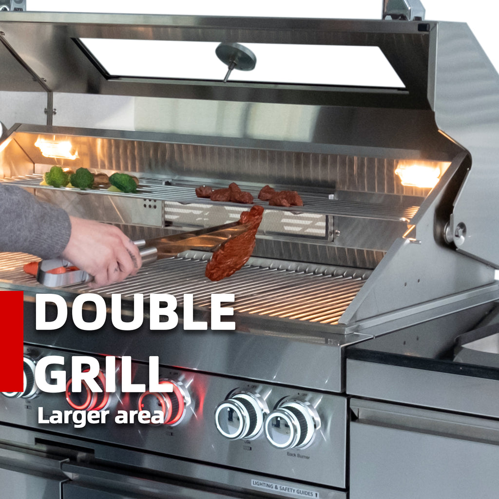 Anthony & Home Signature 43-inch gas outdoor kitchen island with polished granite countertop and built-in grill.