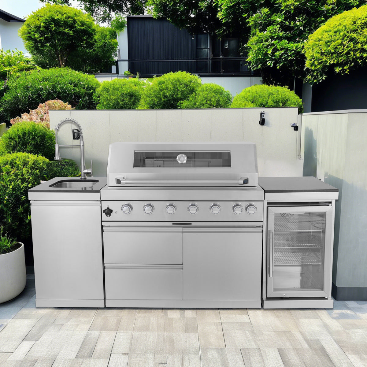 Anthony & Home Signature 44-Inch stainless steel kitchen island grill with cooking grates and control knobs.