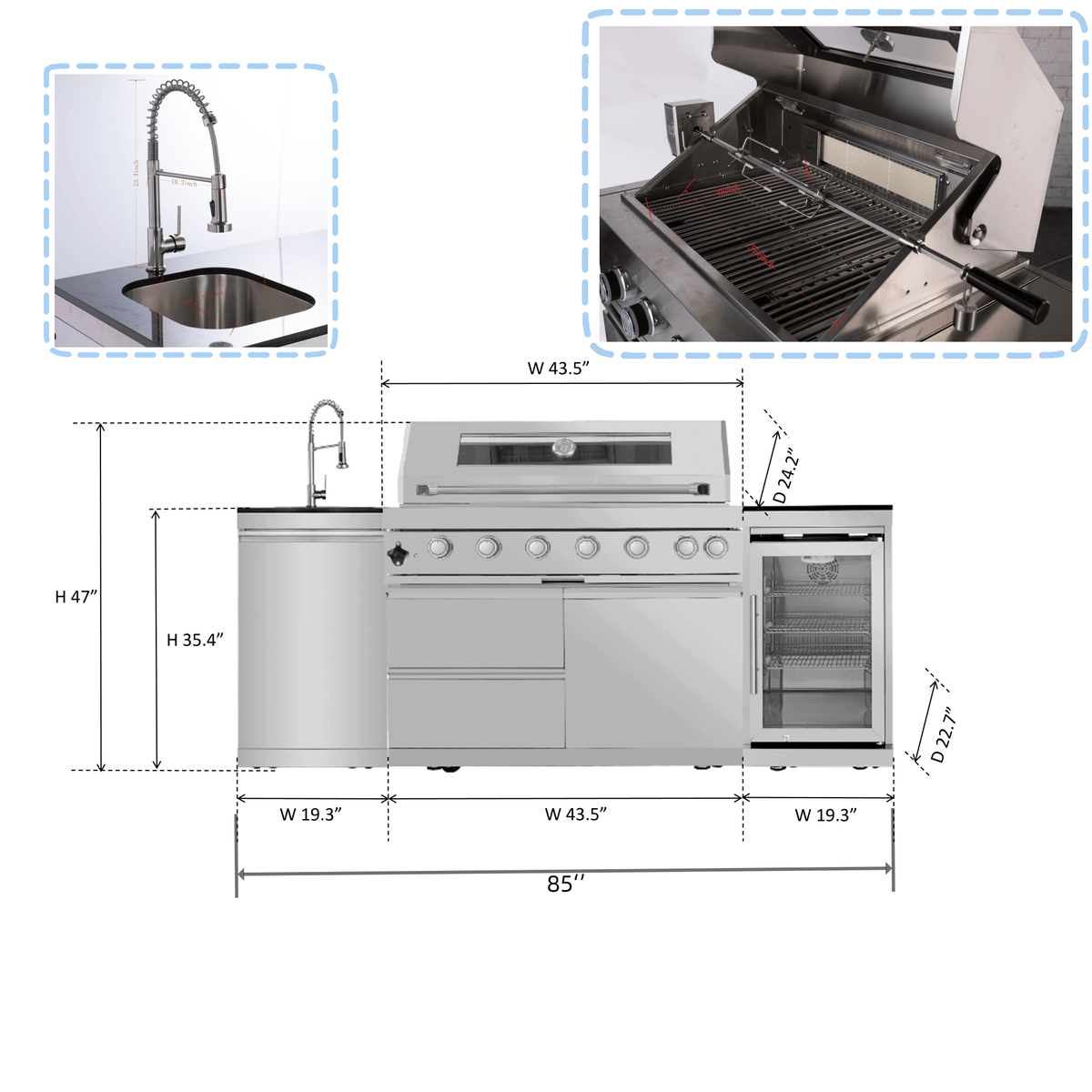 Anthony & Home Signature 44-Inch stainless steel kitchen island grill with cooking grates and control knobs.
