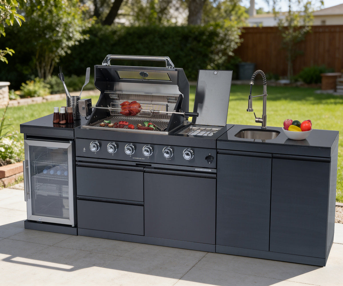 Anthony & Home 46-inch gas outdoor kitchen island with granite countertop, featuring built-in grill and storage compartments.