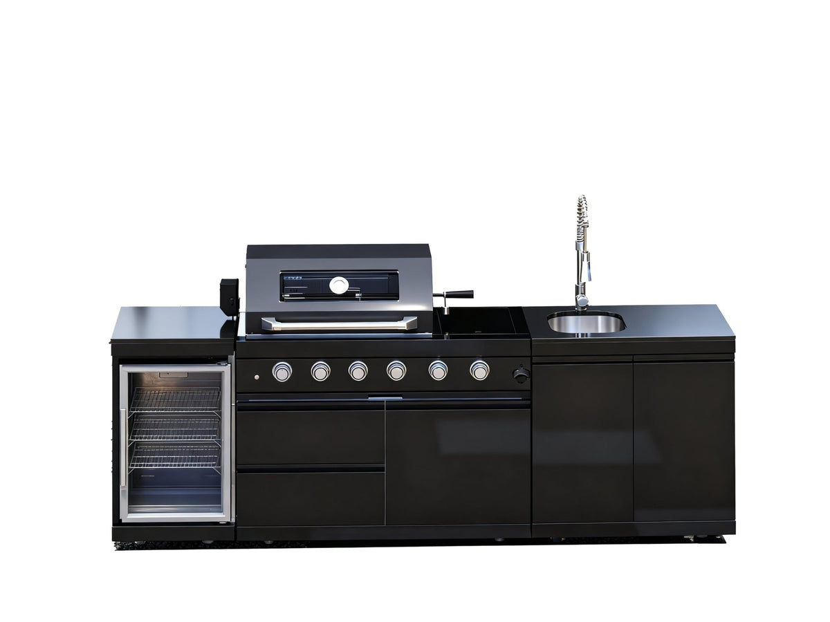 Anthony & Home Signature 46-Inch gas outdoor kitchen island with granite countertop, featuring built-in appliances and outdoor grilling area.