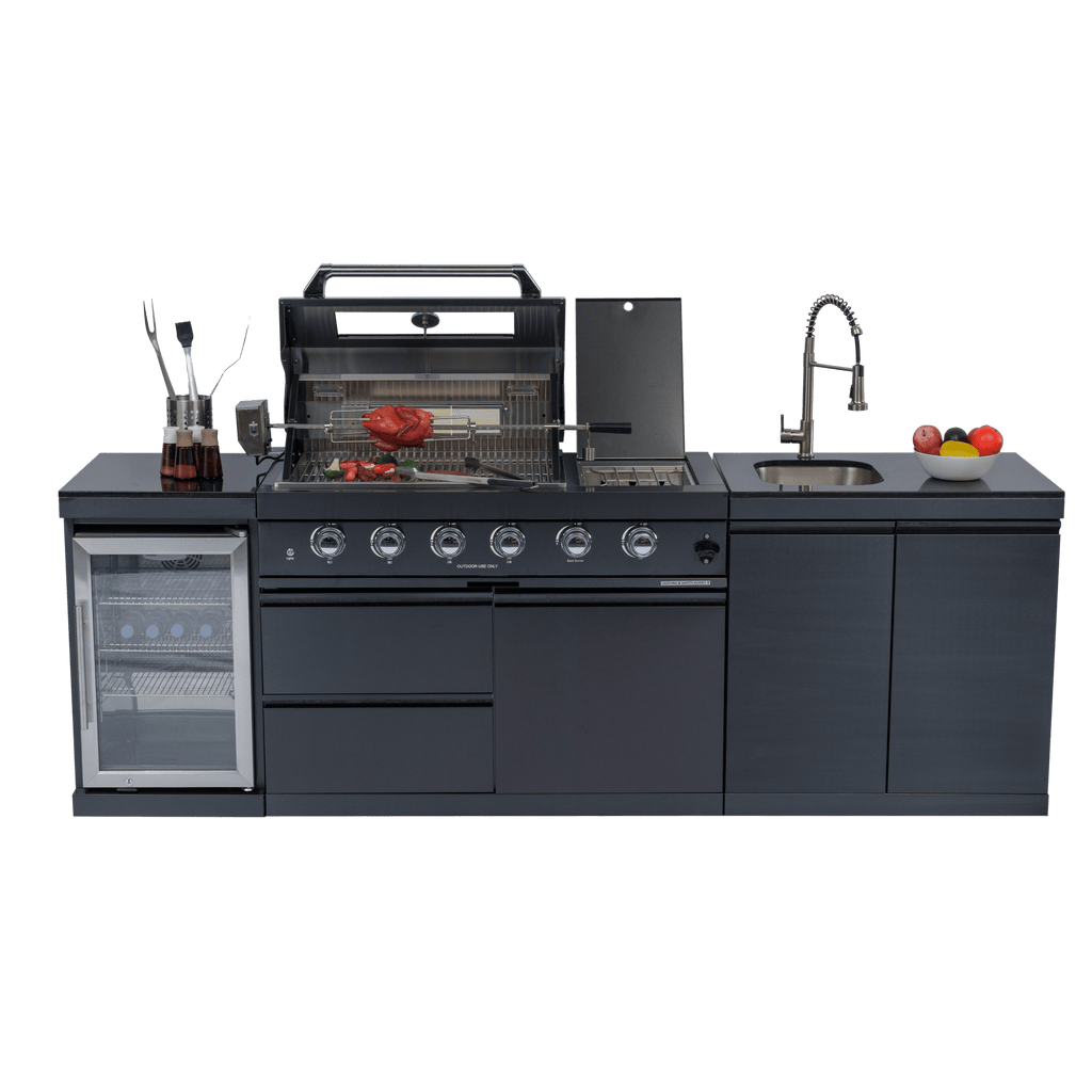 Anthony & Home 46-inch gas outdoor kitchen island with granite countertop and built-in appliances for outdoor cooking and entertainment.