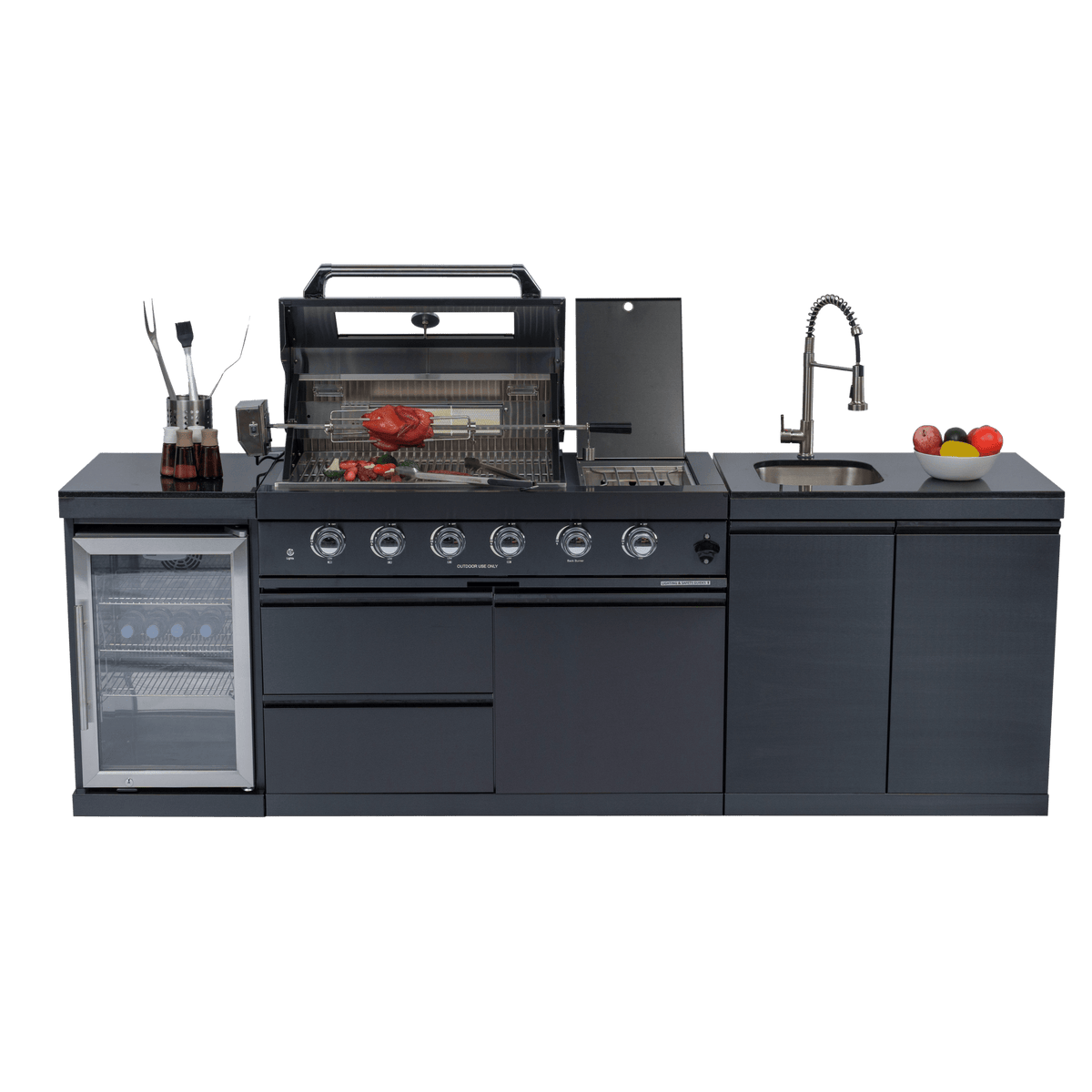 Anthony & Home 46-inch gas outdoor kitchen island with granite countertop and built-in appliances for outdoor cooking and entertainment.
