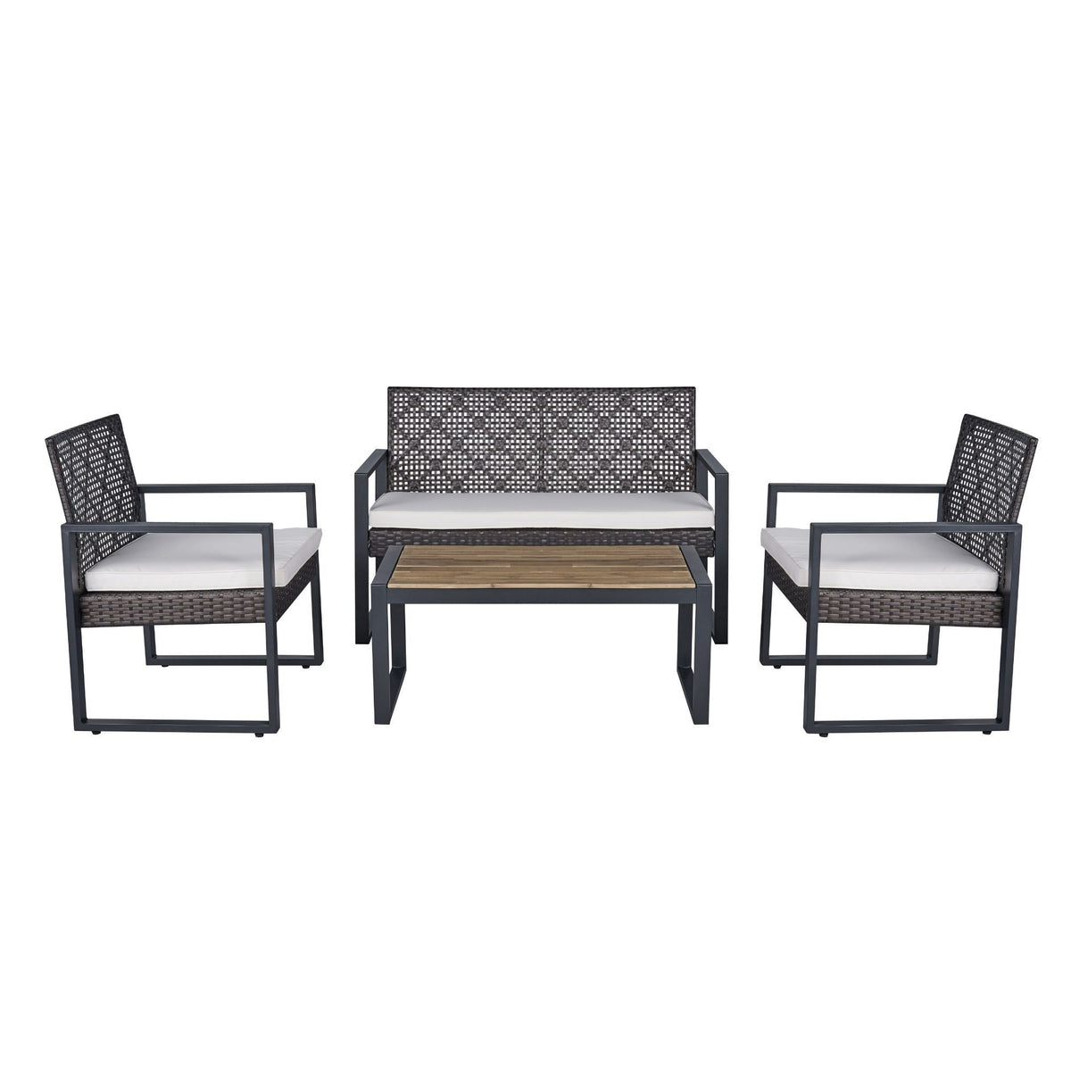 Anthony & Home Signature acacia wood outdoor patio set with beige cushions, featuring a table and matching chairs for outdoor dining.