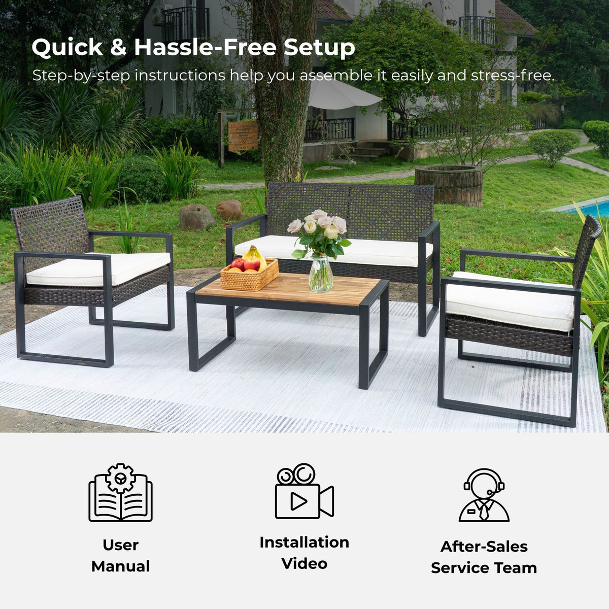Outdoor patio set with acacia wood table and chairs, beige cushions, by Anthony & Home, perfect for garden or backyard seating.