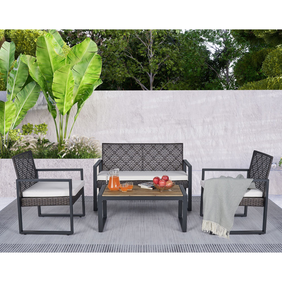 Anthony & Home Signature Acacia wood outdoor patio set with beige cushions, including table and chairs for outdoor relaxation.