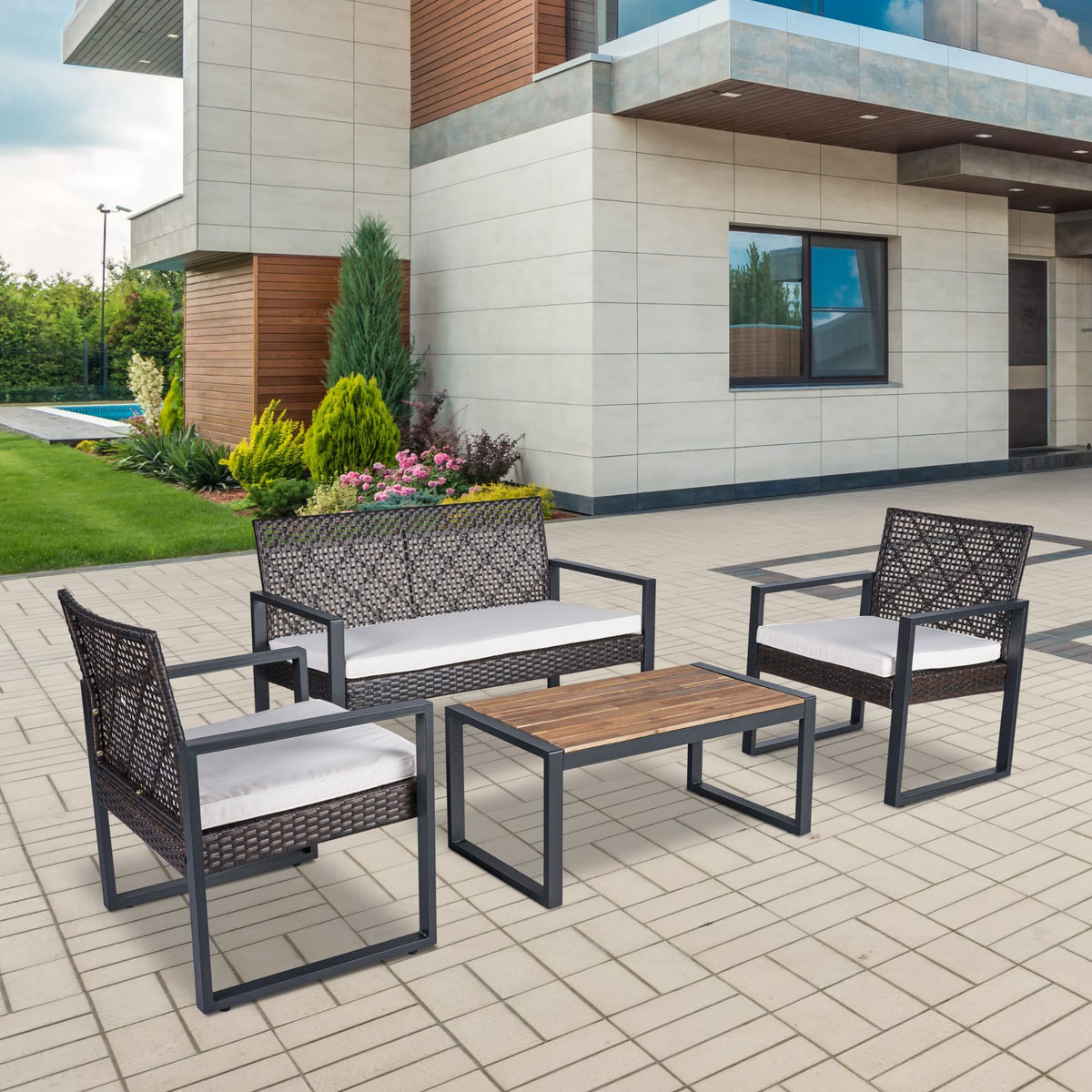 Anthony & Home Signature Acacia wood outdoor patio set with beige cushions, including table and chairs for garden relaxation