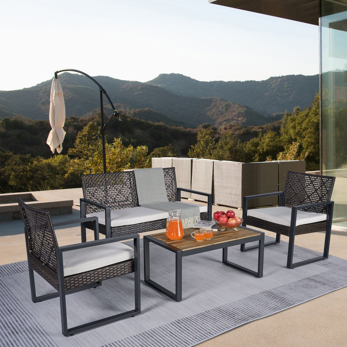 Anthony & Home acacia wood outdoor patio set with beige cushions, including table and chairs, for garden or patio use