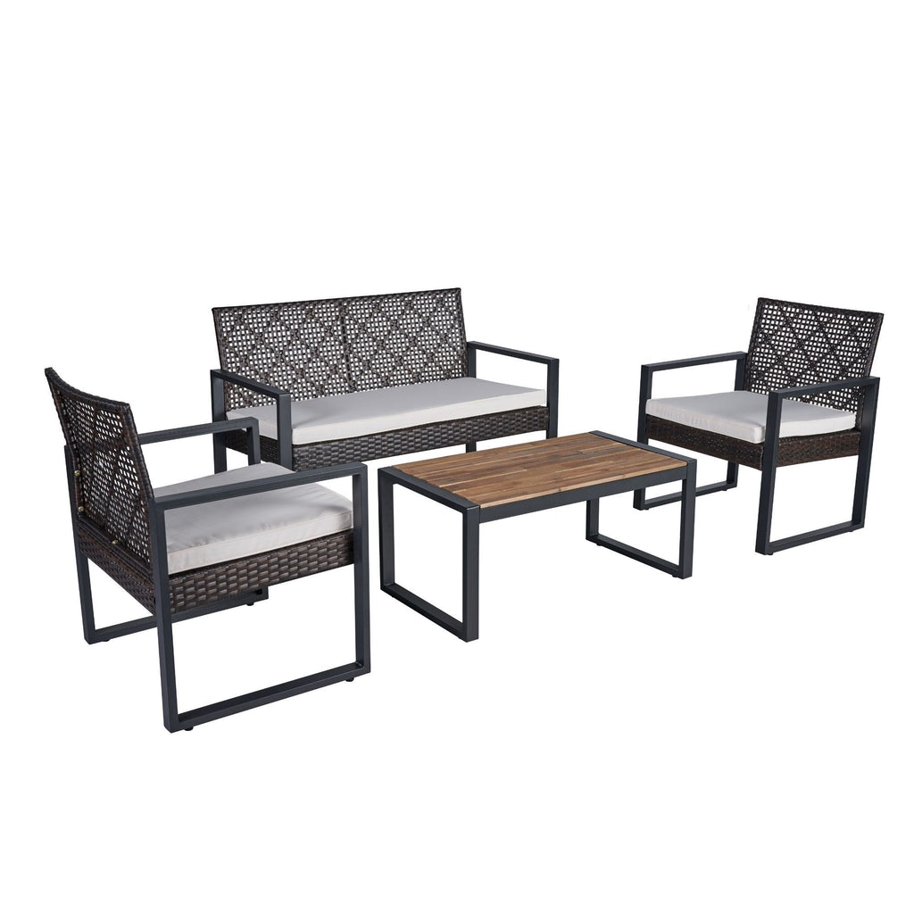 Anthony & Home signature acacia wood outdoor patio set with beige cushions, featuring a table and matching chairs.