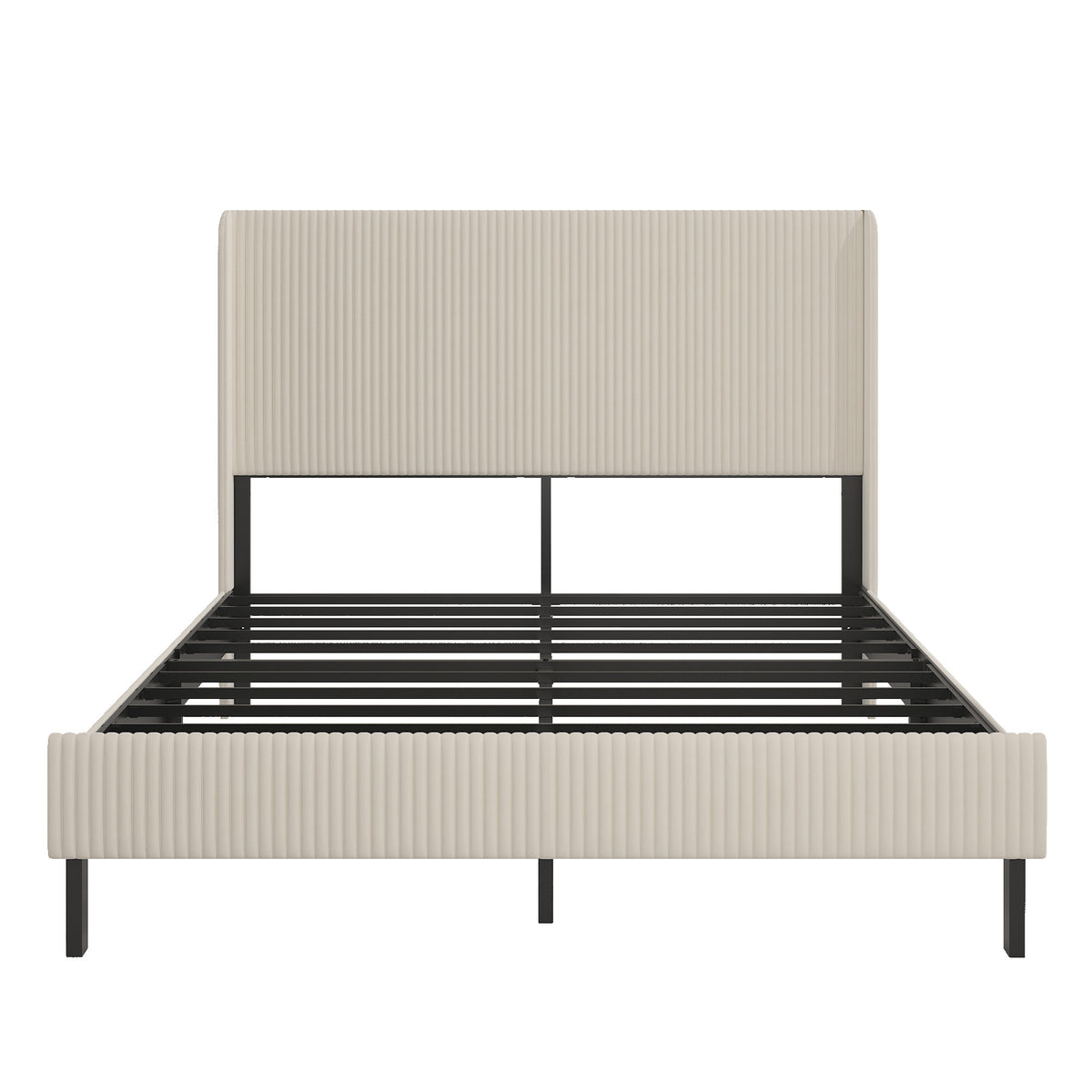 Anthony & Home Signature Beige Queen Platform Bed with metal frame and built-in charging station, showcasing the modern, stylish design.
