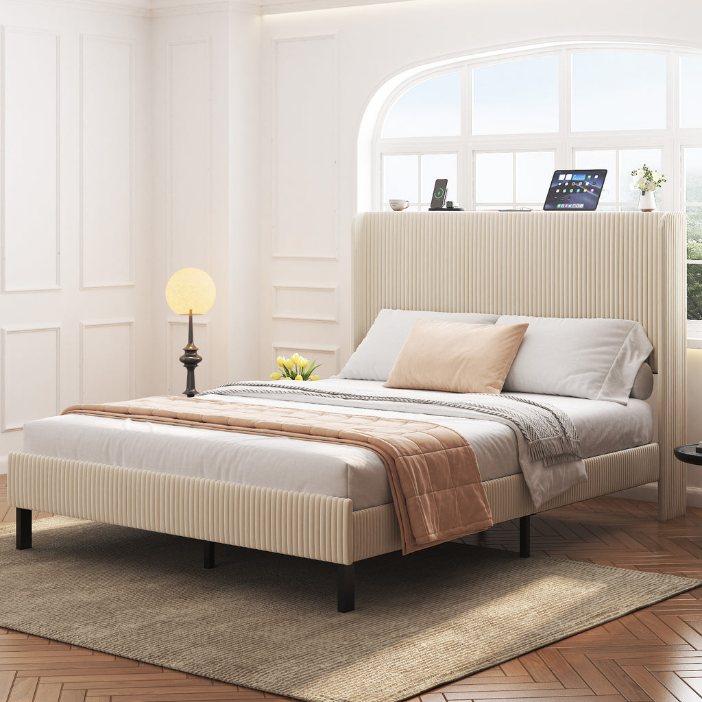 Signature beige queen platform bed with metal frame and built-in charging station, by Anthony & Home, shown in a modern bedroom setting.