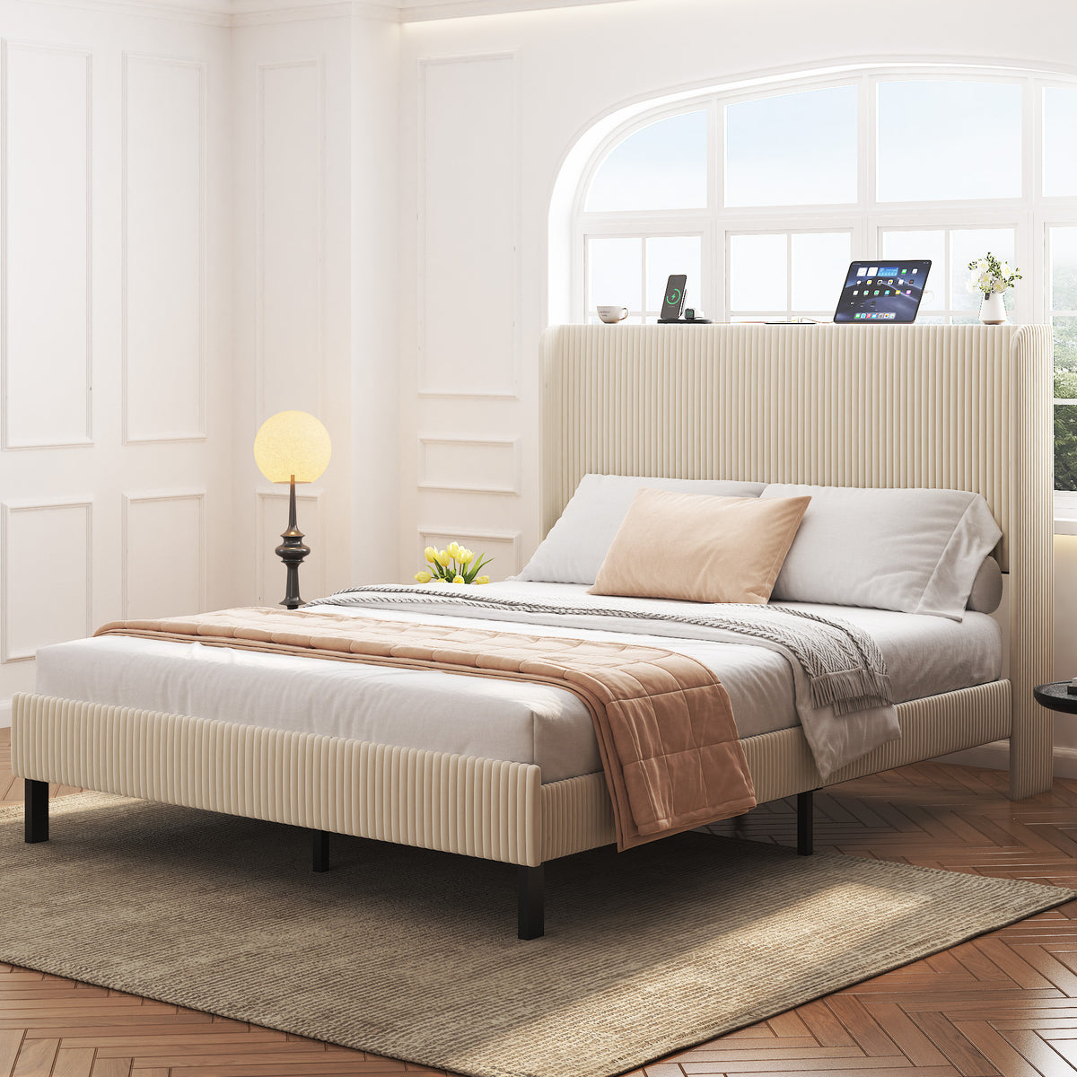 Signature beige queen platform bed with metal frame and built-in charging station, by Anthony & Home, shown in a modern bedroom setting.