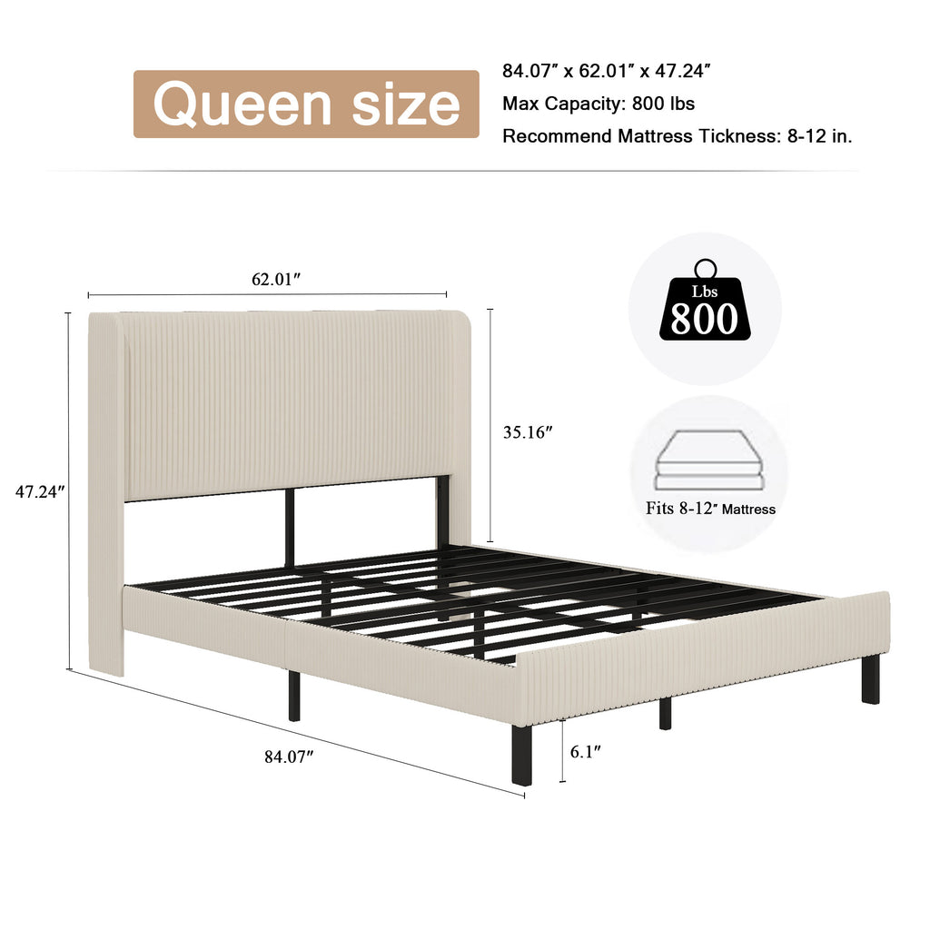 Anthony & Home Signature Beige Queen Platform Bed with metal frame and built-in charging station, showcasing a modern bedroom setup.