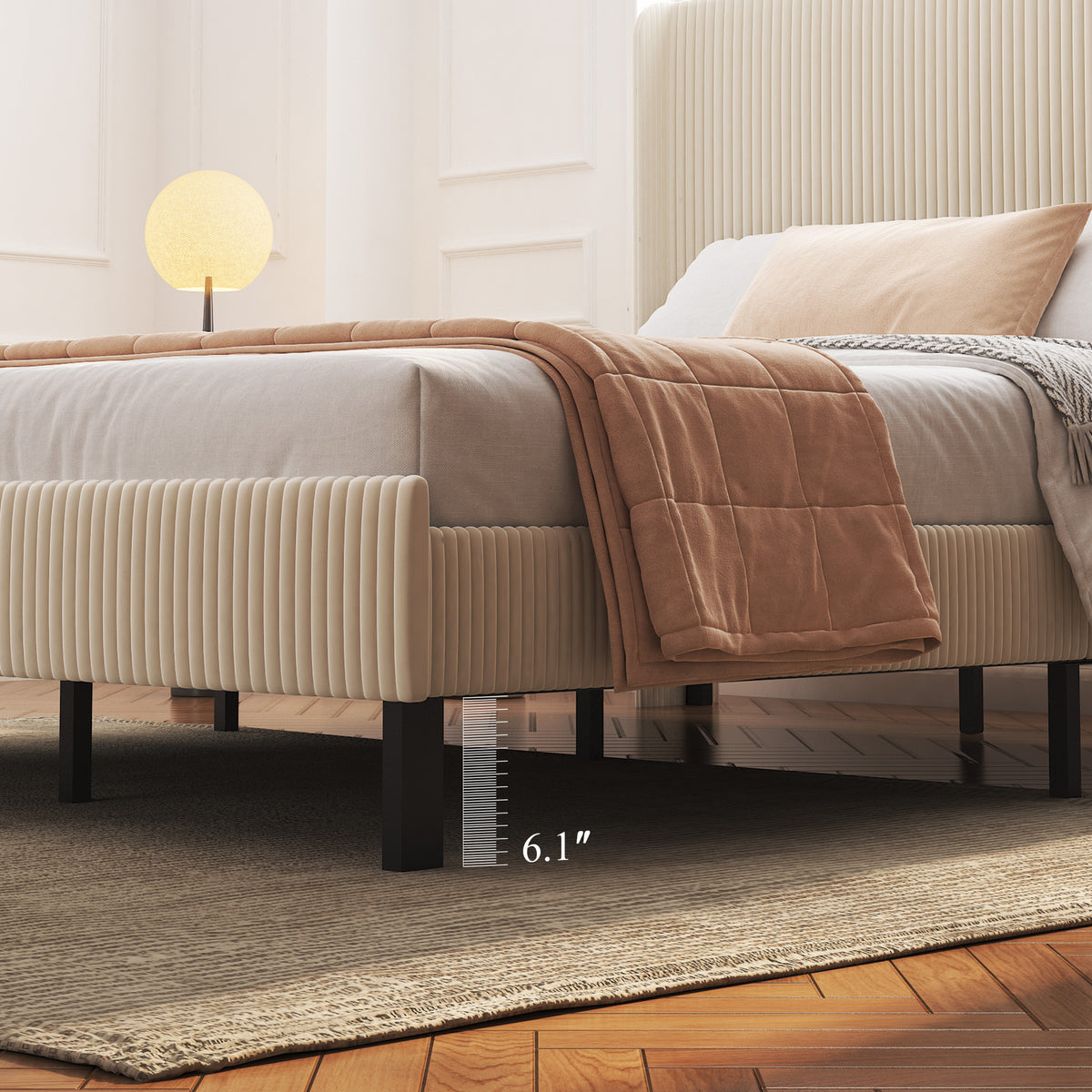 Anthony & Home Signature Beige Queen Platform Bed with metal frame and integrated charging station, showcasing a modern bedroom design.