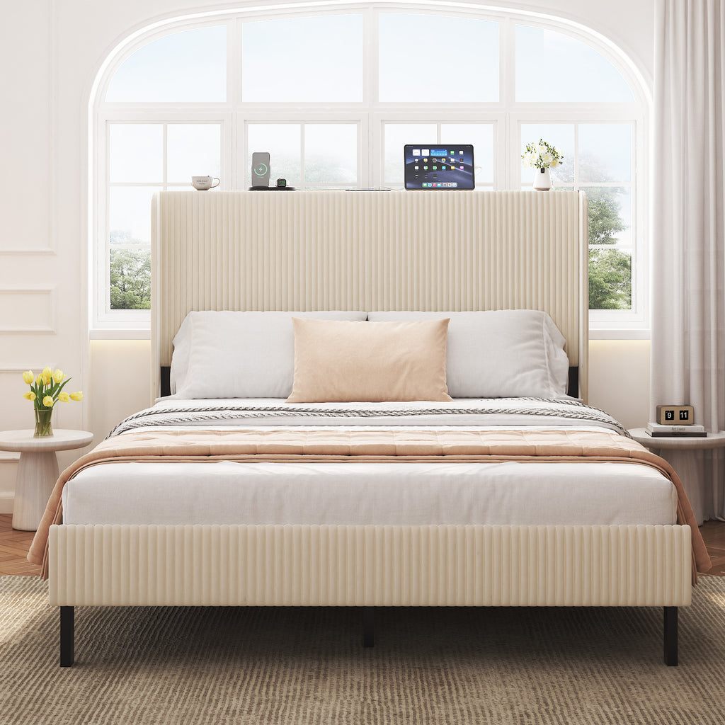 Anthony & Home Signature Beige Queen Platform Bed with metal frame and built-in charging ports, showcasing a stylish and modern bedroom setup.