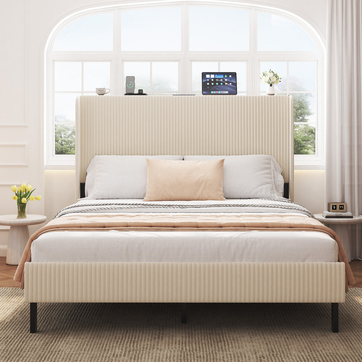 Anthony & Home Signature Beige Queen Platform Bed with metal frame and built-in charging ports, showcasing a stylish and modern bedroom setup.