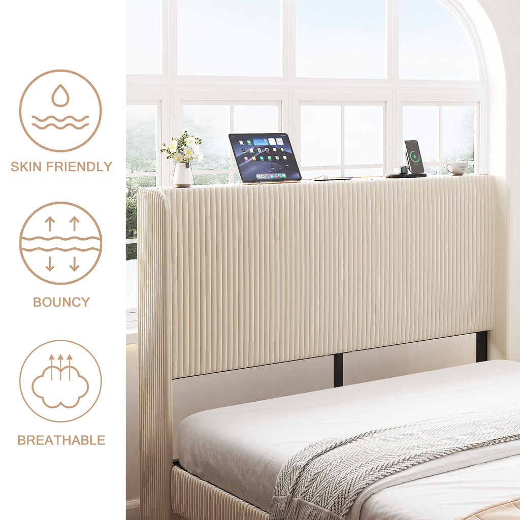 Anthony & Home Signature Beige Queen Platform Bed with Metal Frame, built-in charging ports, and modern design.