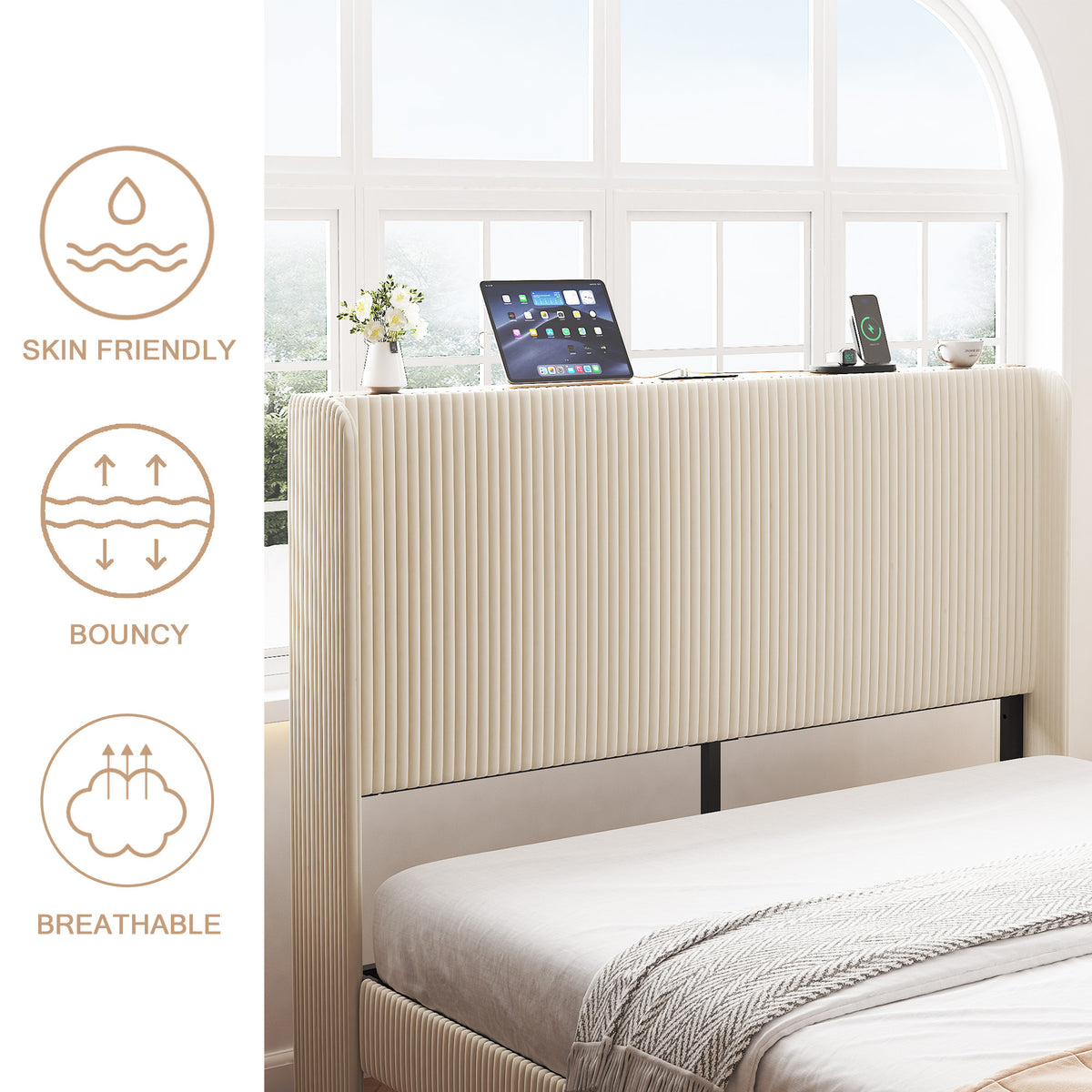 Anthony & Home Signature Beige Queen Platform Bed with Metal Frame, built-in charging ports, and modern design.