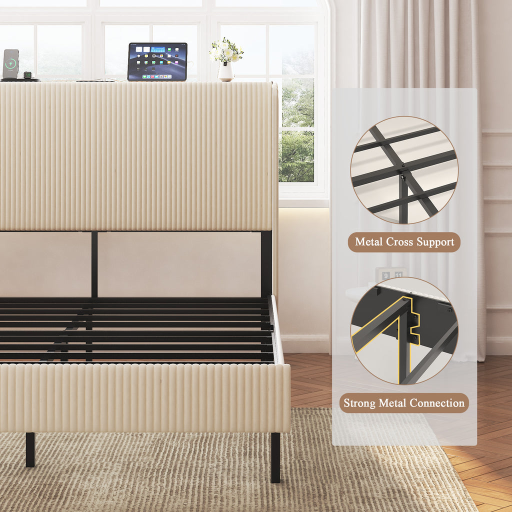 Anthony & Home Signature Beige Queen Platform Bed with metal frame and built-in charging ports, showcasing a modern bedroom setup.