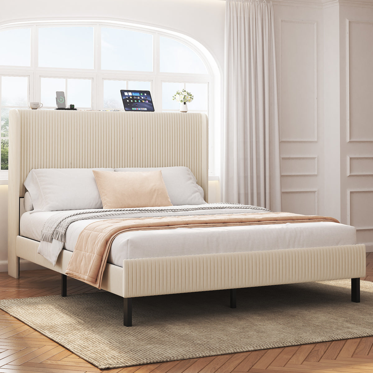 Anthony & Home Signature beige queen platform bed with metal frame and built-in charging station, showcasing the modern bedroom furniture.