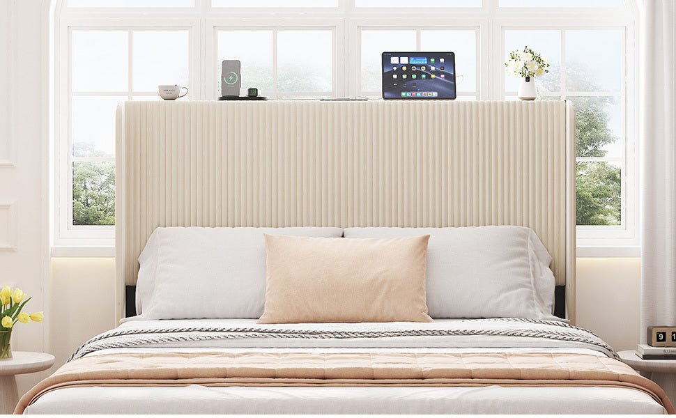 Anthony & Home Signature Beige Queen Platform Bed with metal frame and built-in charging ports, showcasing a modern bedroom setup.