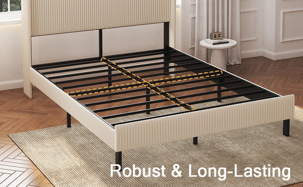 Anthony & Home Signature Beige Queen Platform Bed with metal frame and built-in charging ports, showcasing a sleek and modern bedroom setup.