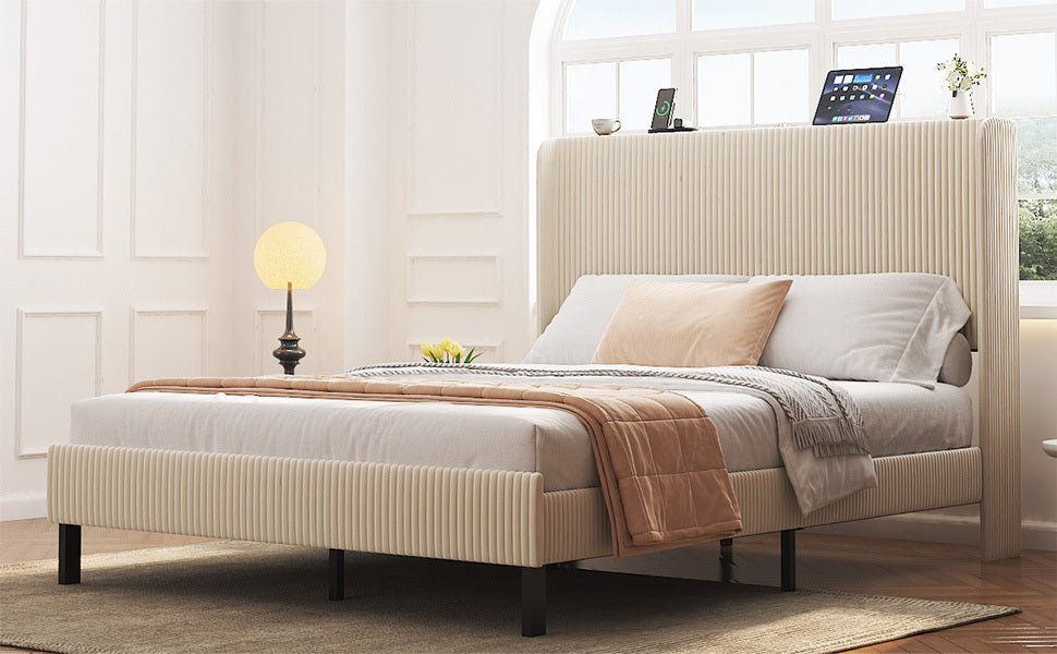 Anthony & Home Signature beige queen platform bed with metal frame and built-in charging station, showcasing a modern bedroom setup.