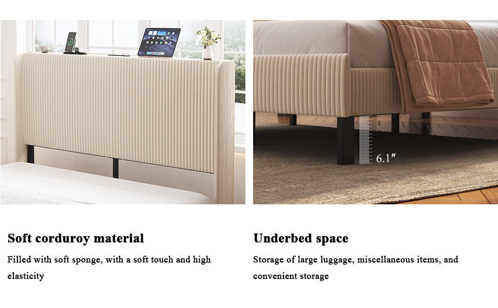 Anthony & Home Signature beige queen platform bed with metal frame and built-in charging ports, shown in a clean bedroom setting.