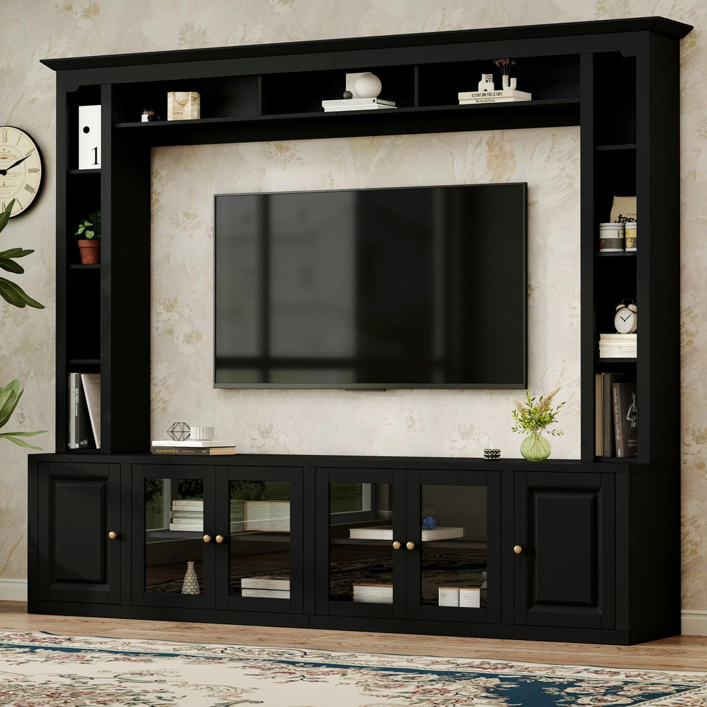 Anthony & Home Signature Black 92-Inch tempered glass center wall unit with sleek black finish and modern design.