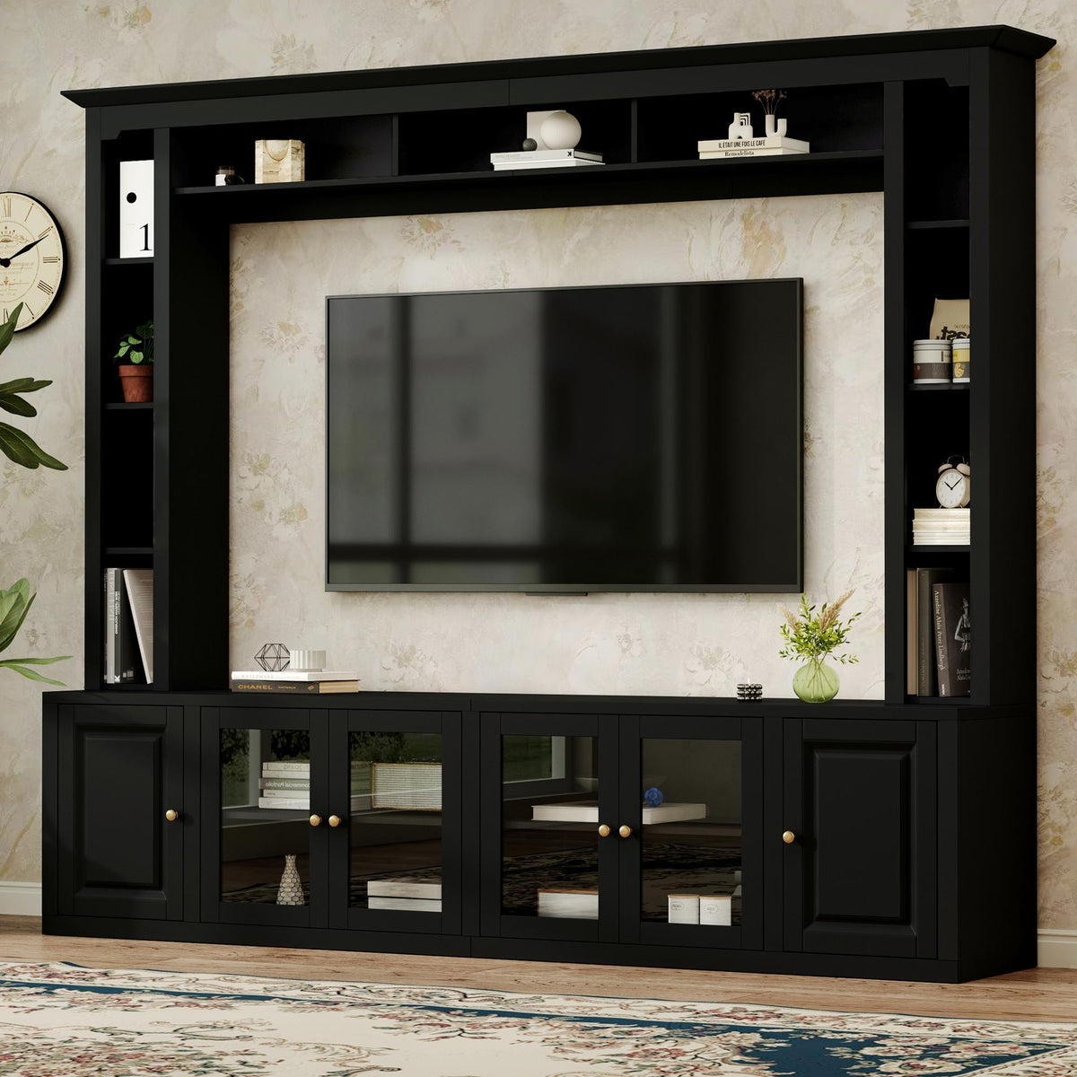 Anthony & Home Signature Black 92-Inch tempered glass center wall unit with sleek black finish and modern design.