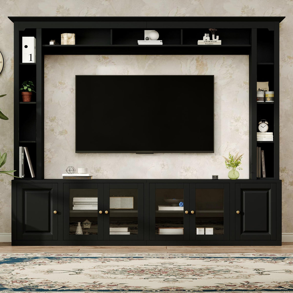Anthony & Home Signature Black 92-inch tempered glass wall unit with sleek center design and modern black finish.