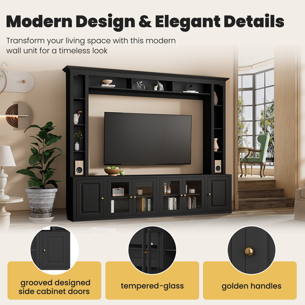 Signature black 92-inch tempered glass center wall unit by Anthony & Home showing sleek black glass panels and modern design.