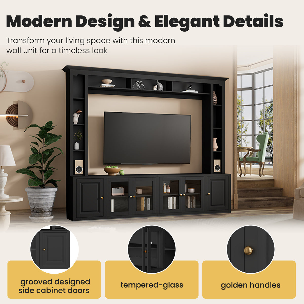 Signature black 92-inch tempered glass center wall unit by Anthony & Home showing sleek black glass panels and modern design.