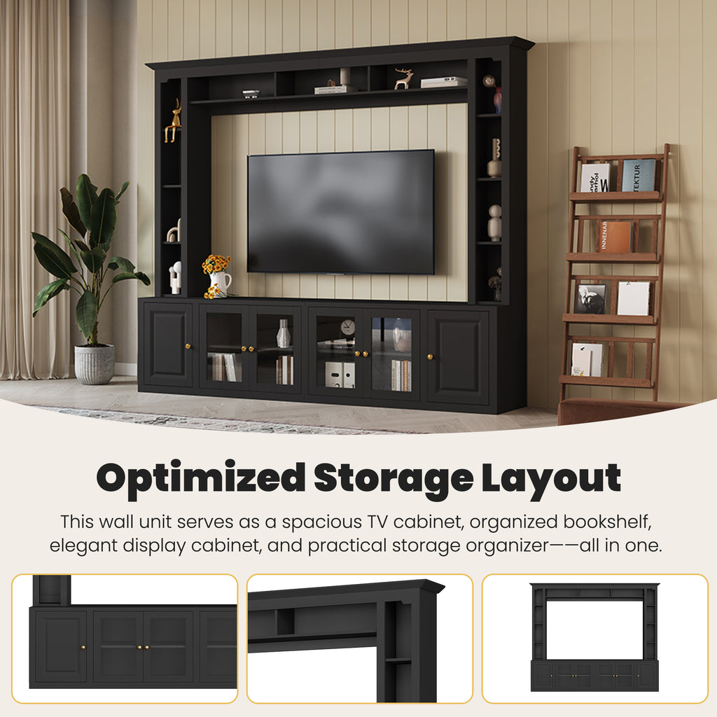 Anthony & Home Signature Black 92-inch tempered glass center wall unit with sleek modern design and multiple storage compartments.