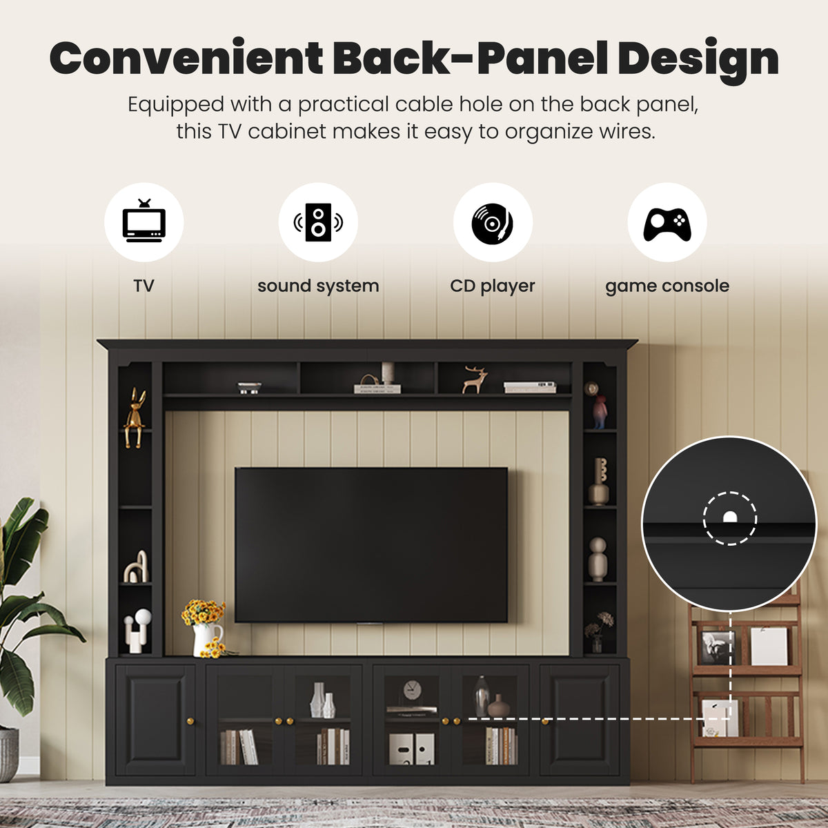 Anthony & Home Signature Black 92-Inch tempered glass wall unit with central shelving and sleek modern design