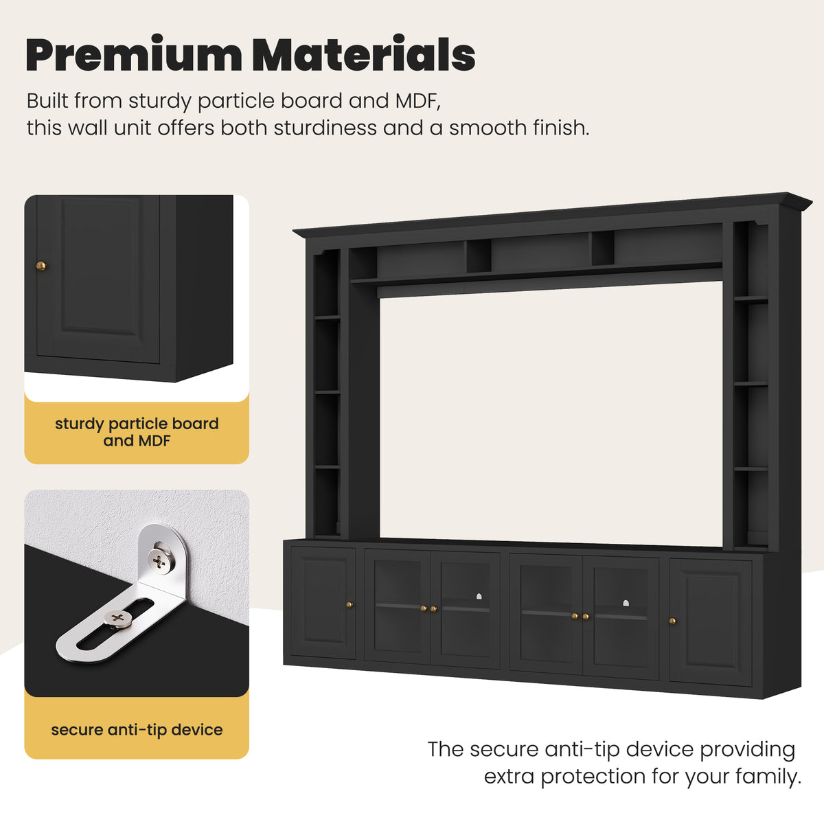 Anthony & Home Signature Black 92-Inch tempered glass wall unit with central storage and sleek modern design, shown in the image.