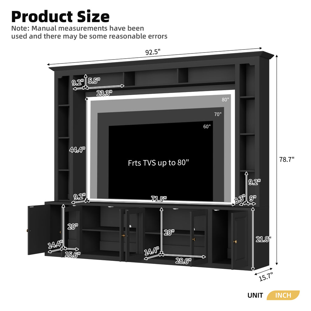 Anthony & Home Signature Black 92-Inch tempered glass center wall unit with sleek black finish and modern design.
